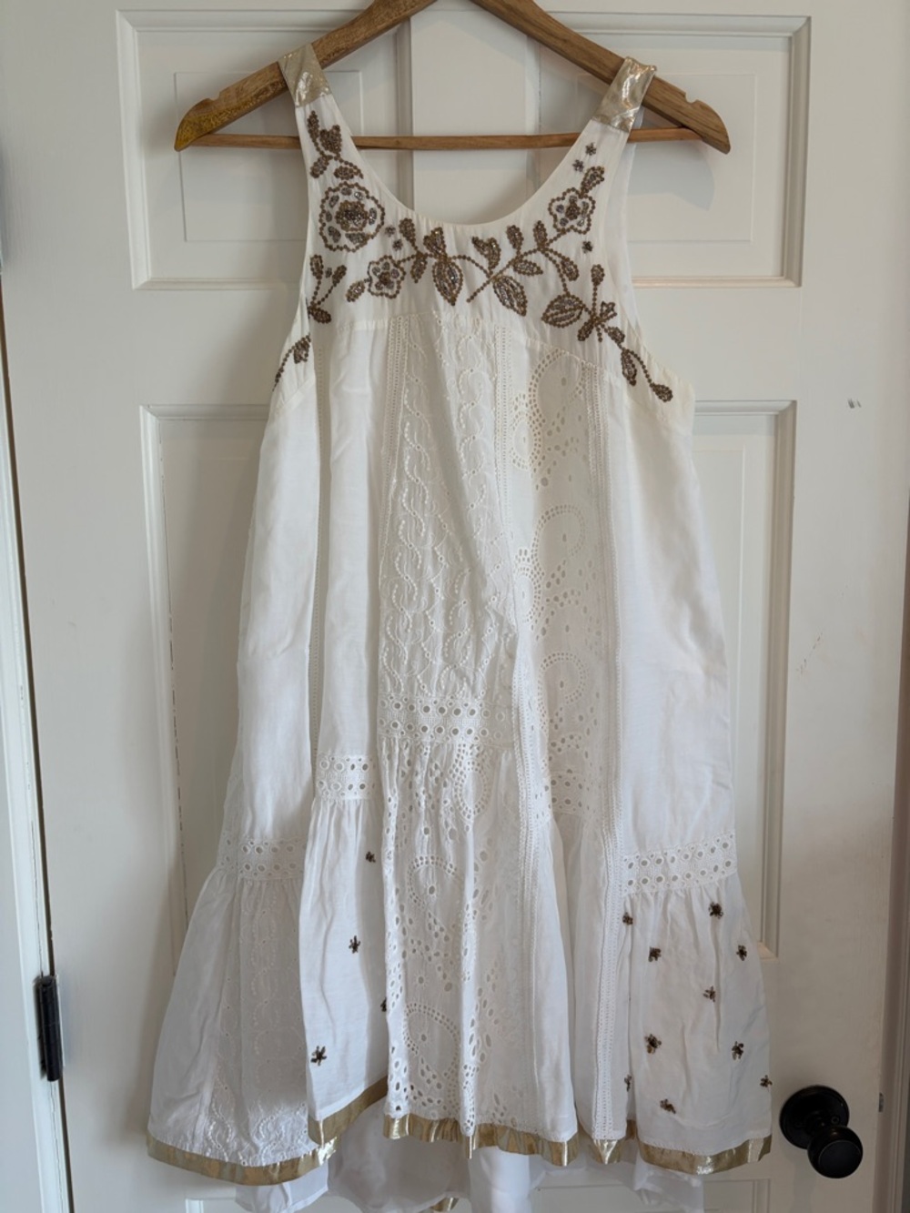 White Embroidered Sundress with Gold Accents